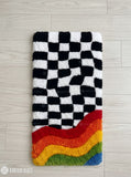 Wavy checkerboard abstract keyboard hand-tufted wool rug with retro optical gaming setup aesthetic design by Mayur Rugs