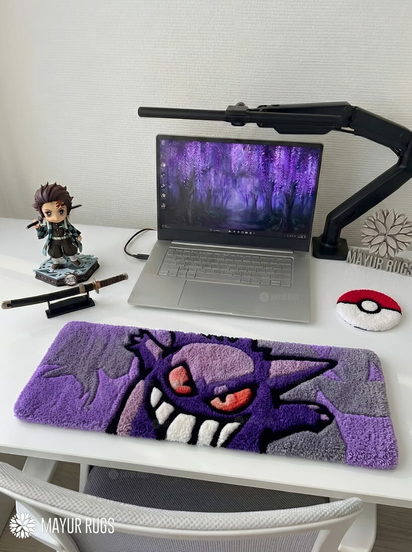 Pokémon Gengar inspired keyboard hand-tufted wool rug with ghost anime gaming setup aesthetic design by Mayur Rugs