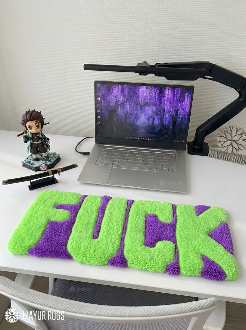 FUCK custom keyboard hand-tufted wool rug with meme gaming setup aesthetic design by Mayur Rugs