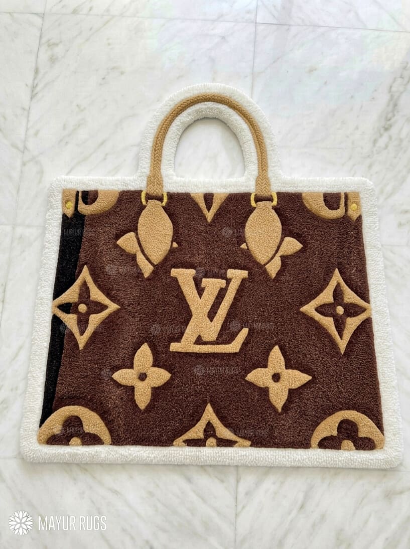 LV bag inspired fan art custom hand-tufted wool rug with luxury fashion aesthetic design by Mayur Rugs