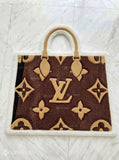 LV bag inspired fan art custom hand-tufted wool rug with luxury fashion aesthetic design by Mayur Rugs