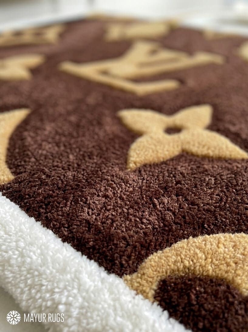 LV bag inspired fan art custom hand-tufted wool rug with luxury fashion aesthetic design by Mayur Rugs