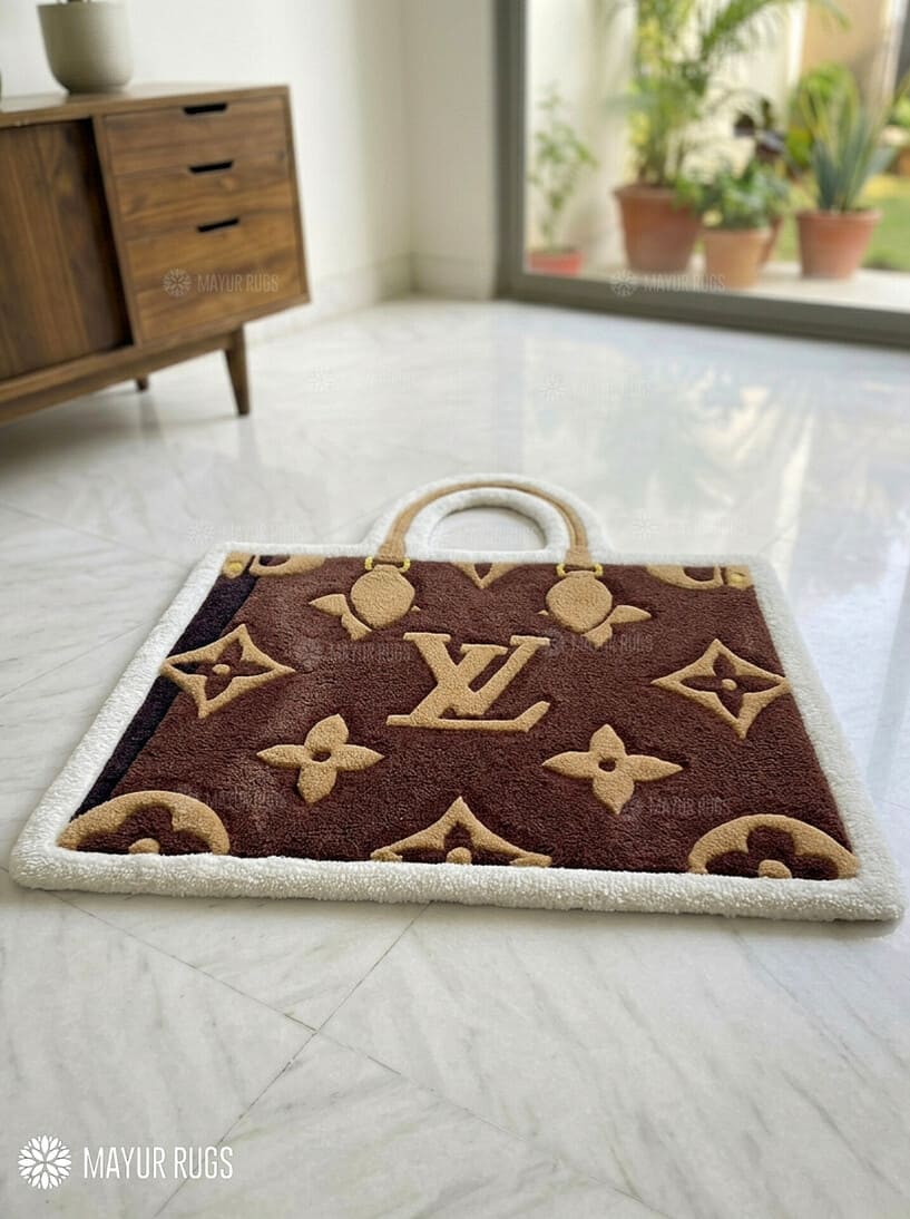 LV bag inspired fan art custom hand-tufted wool rug with luxury fashion aesthetic design by Mayur Rugs