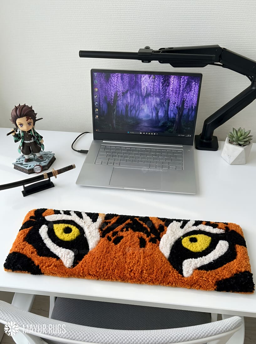 Tiger keyboard hand-tufted wool rug with wild gaming setup aesthetic design by Mayur Rugs
