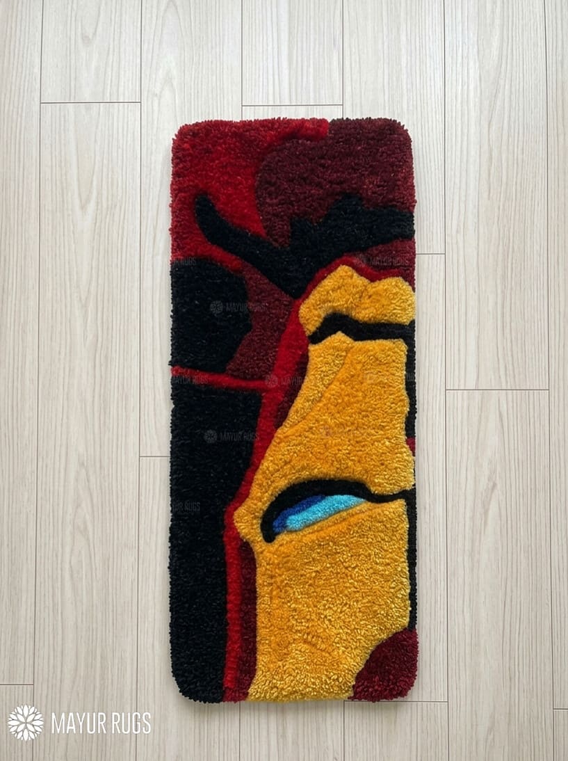 Iron Man inspired custom keyboard hand-tufted wool rug with Marvel gaming setup aesthetic design by Mayur Rugs