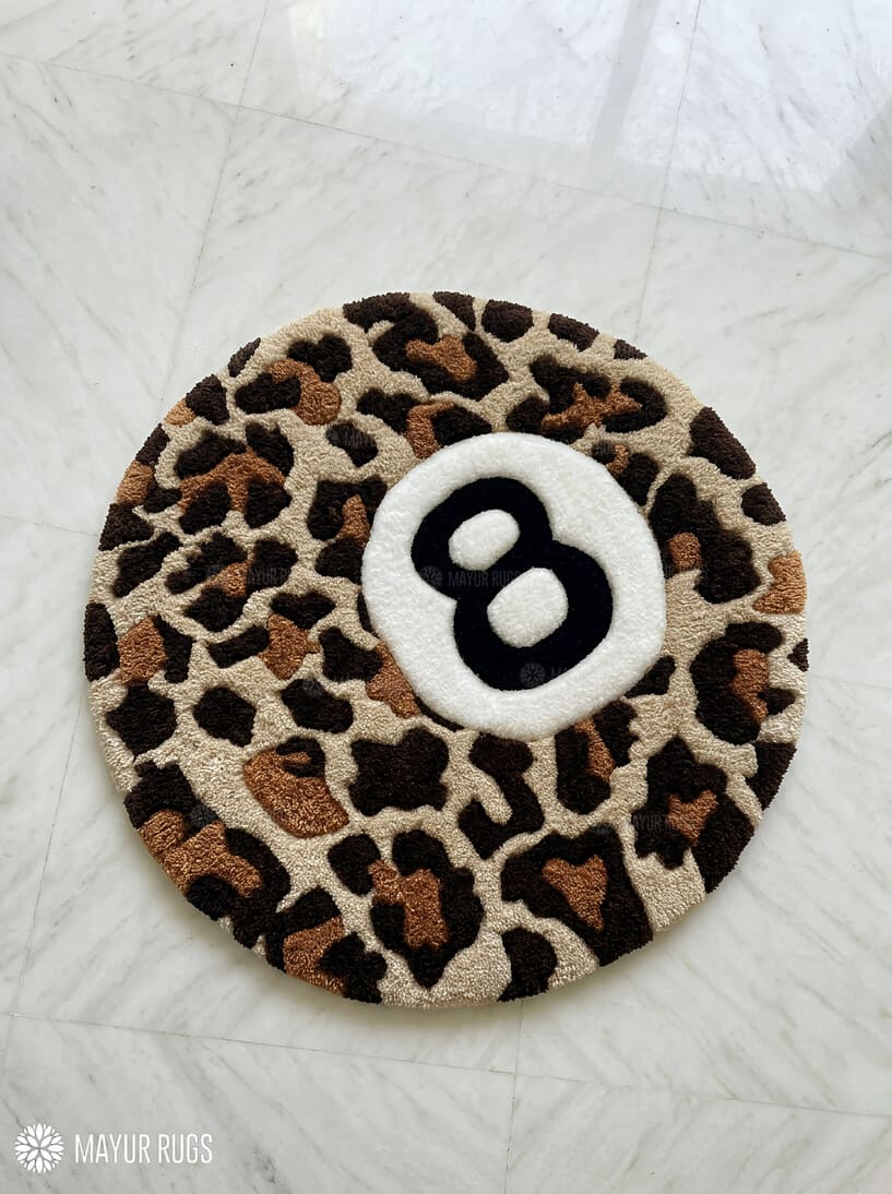 8 ball pool cheetah print custom hand-tufted wool rug with streetwear aesthetic design by Mayur Rugs