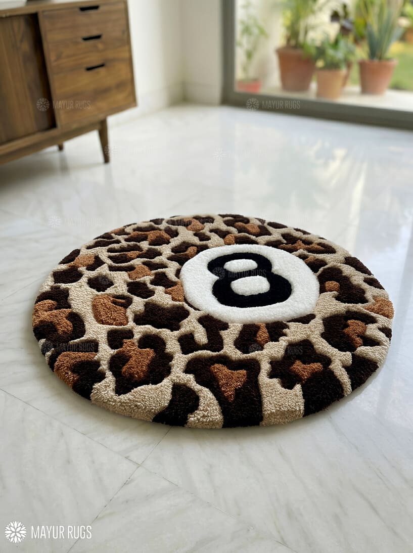 8 ball pool cheetah print custom hand-tufted wool rug with streetwear aesthetic design by Mayur Rugs
