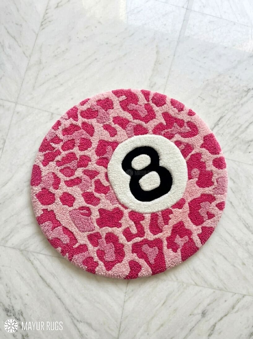 8 ball pool pink cheetah print custom hand-tufted wool rug with streetwear aesthetic design by Mayur Rugs