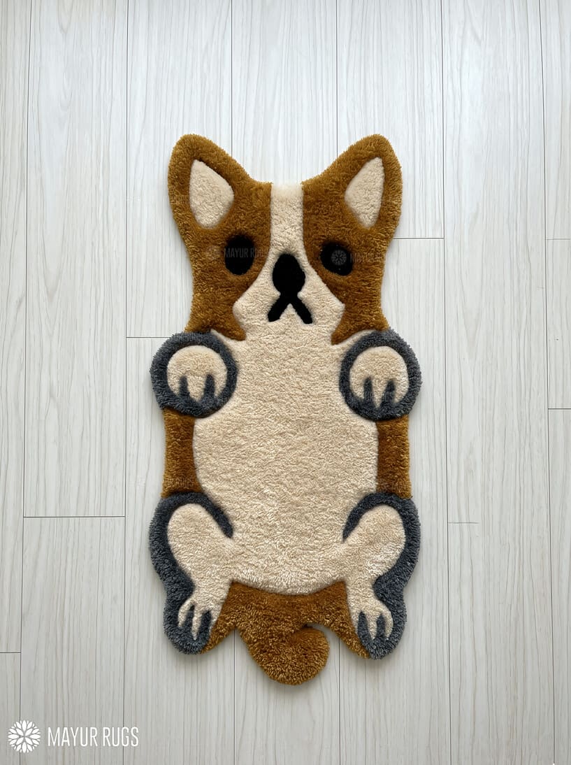 Cute dog keyboard hand-tufted wool rug with kawaii gaming setup aesthetic design by Mayur Rugs