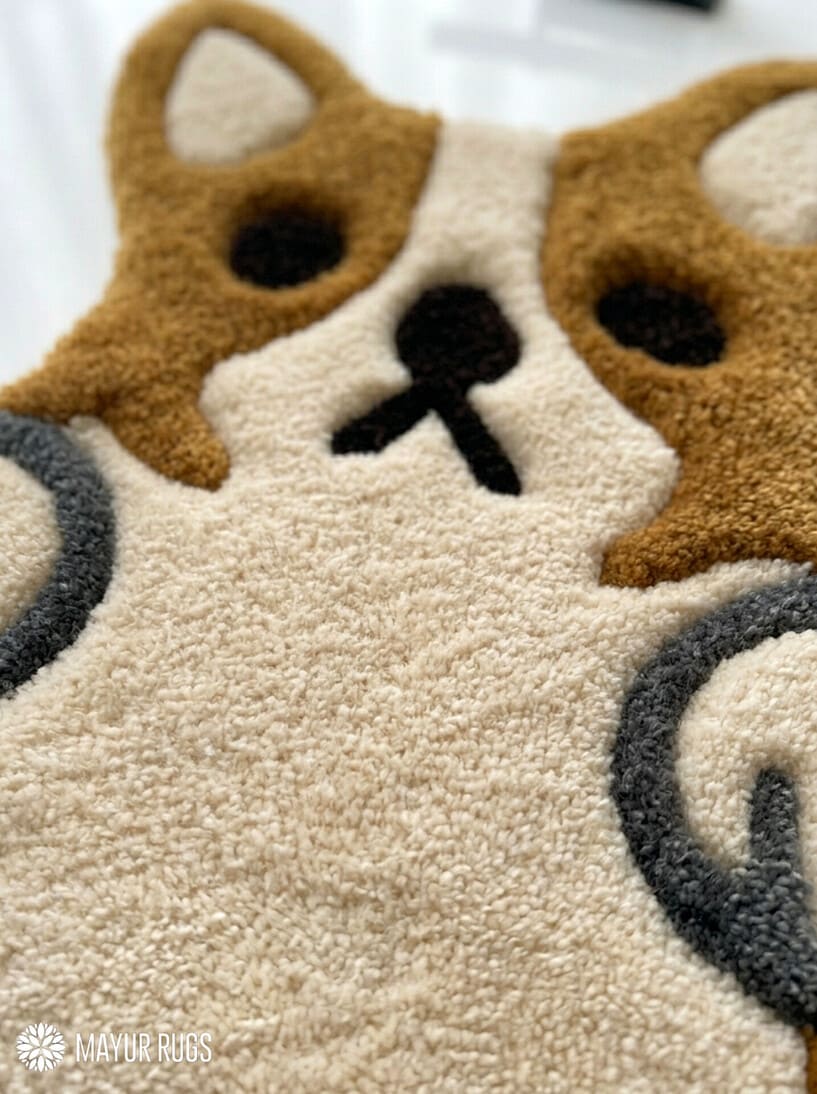 Cute dog keyboard hand-tufted wool rug with kawaii gaming setup aesthetic design by Mayur Rugs