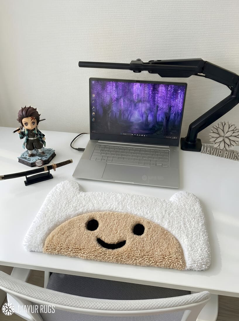 Adventure Time inspired keyboard hand-tufted wool rug with cute cartoon desk setup aesthetic by Mayur Rugs