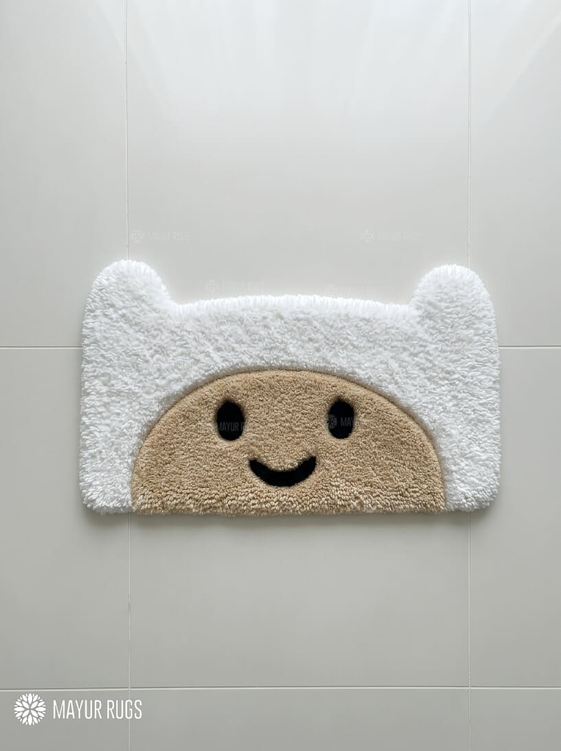 Adventure Time inspired keyboard hand-tufted wool rug with cute cartoon desk setup aesthetic by Mayur Rugs