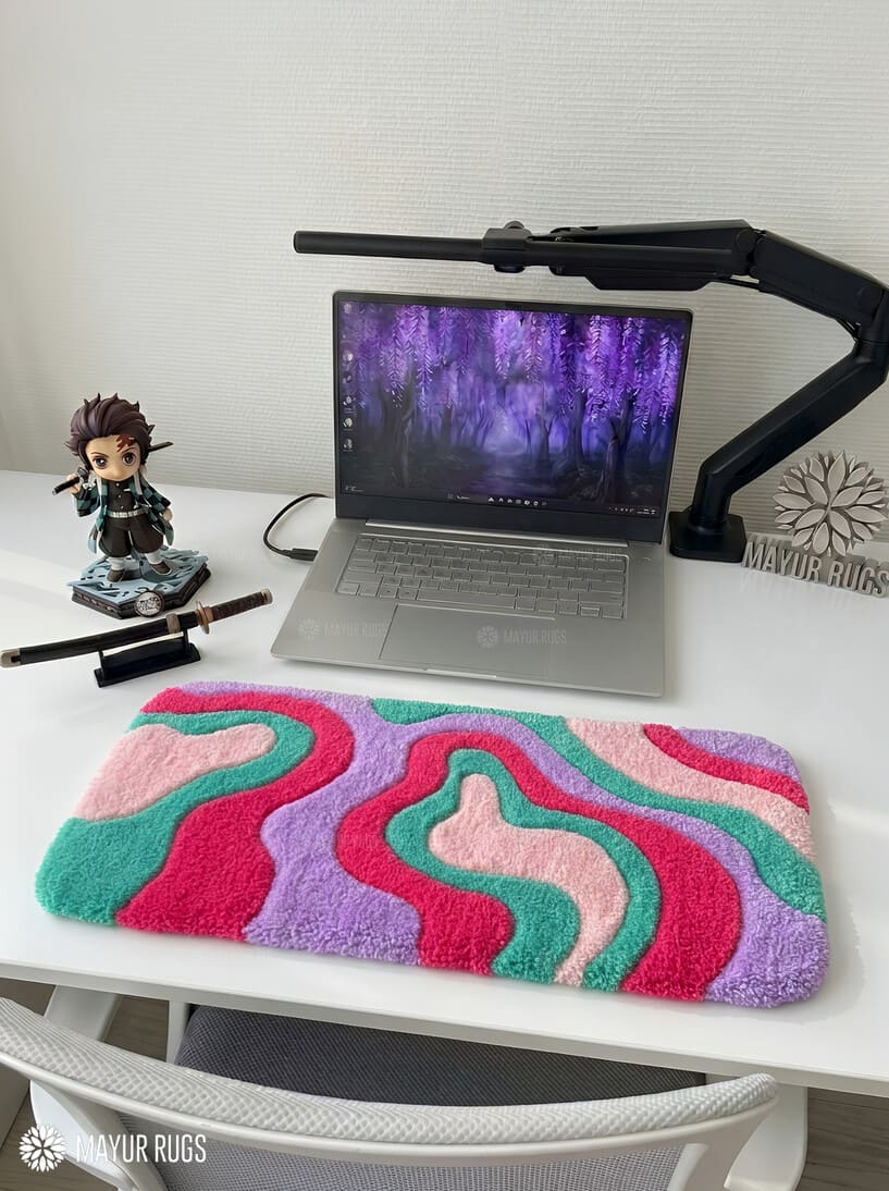 Candy wave abstract keyboard hand-tufted wool rug with pastel fluffy desk setup aesthetic by Mayur Rugs