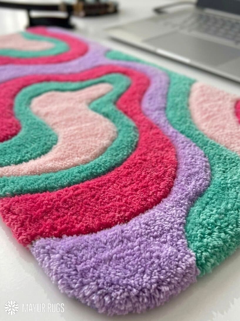 Candy wave abstract keyboard hand-tufted wool rug with pastel fluffy desk setup aesthetic by Mayur Rugs