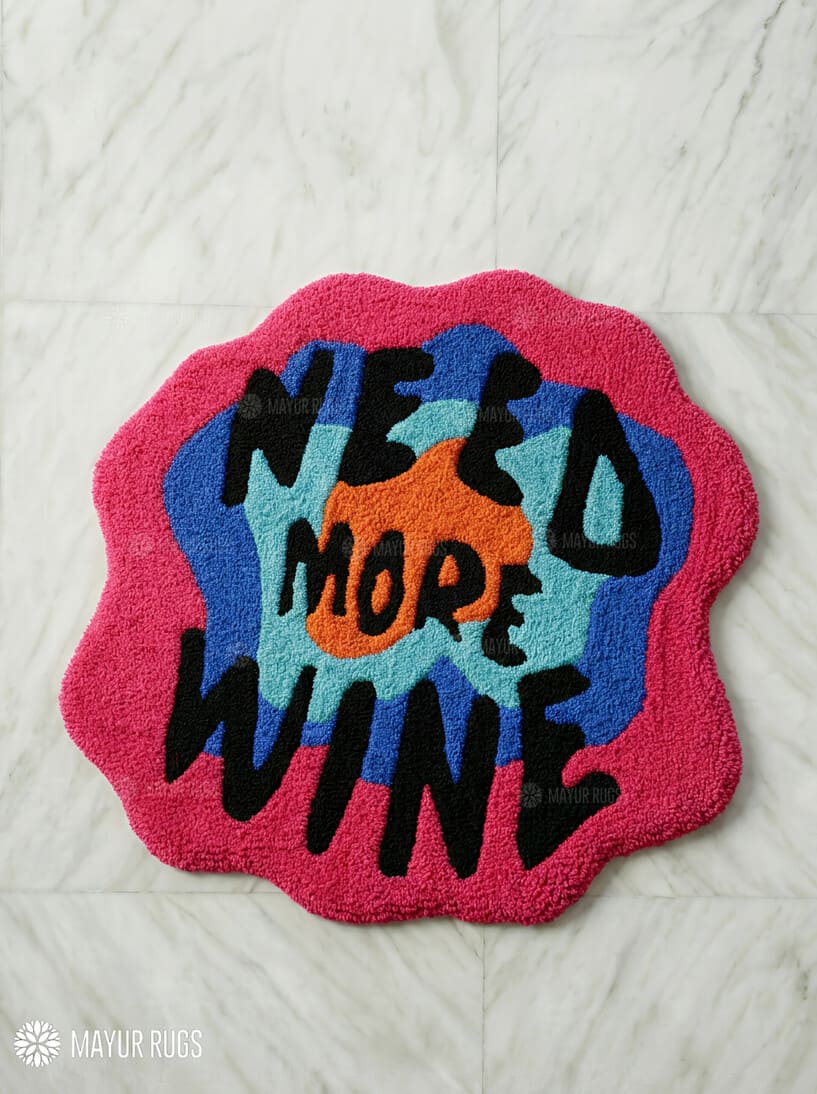 Need More Wine abstract hand-tufted wool rug with colorful retro pop-art aesthetic design by Mayur Rugs