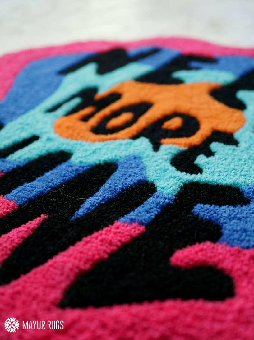 Need More Wine abstract hand-tufted wool rug with colorful retro pop-art aesthetic design by Mayur Rugs