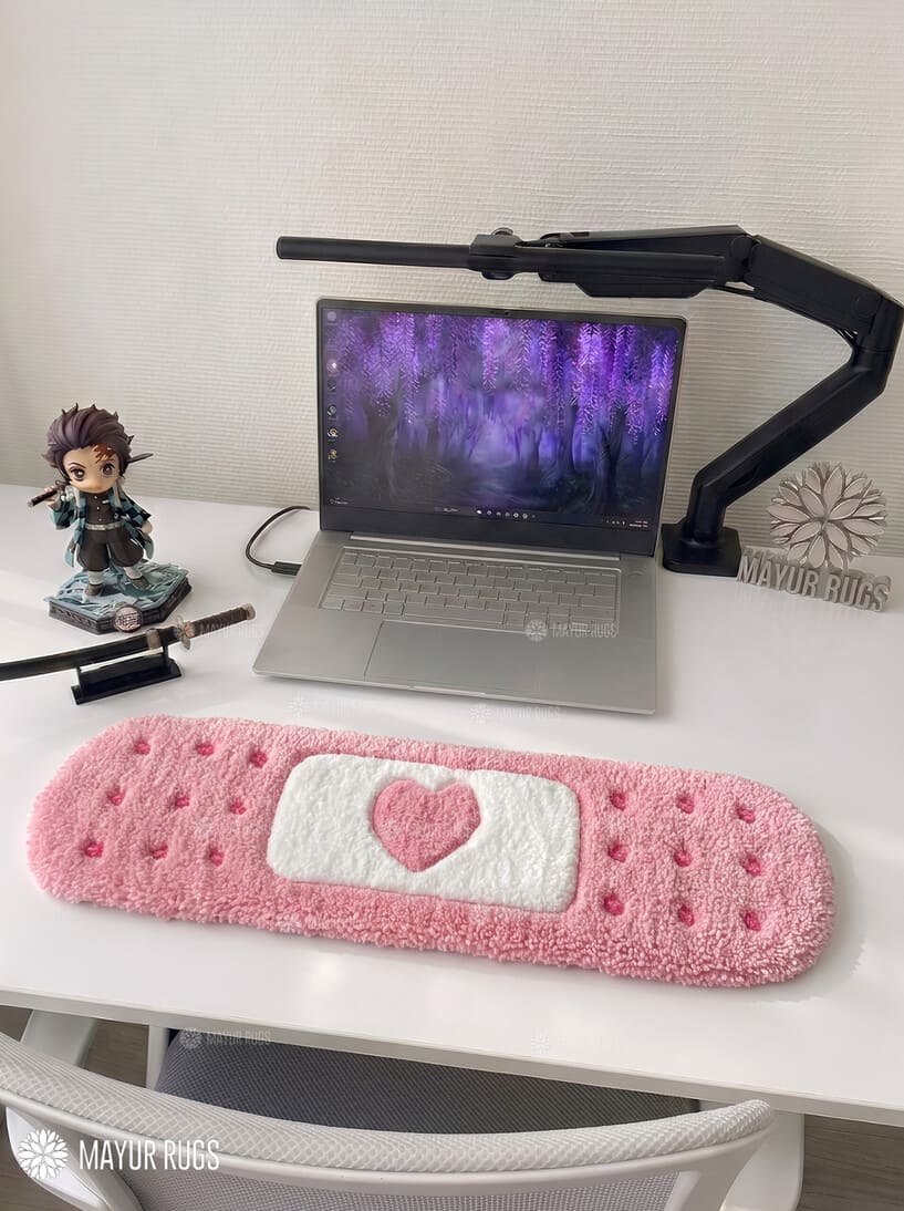 Love Patch Inspired custom keyboard rug handmade with premium tufted wool for kawaii pastel gaming desk setup by Mayur Rugs