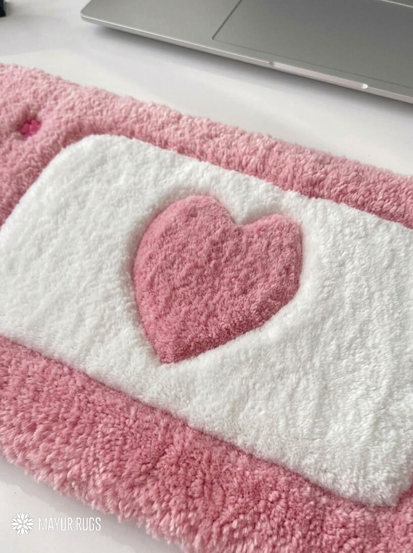 Love Patch Inspired custom keyboard rug handmade with premium tufted wool for kawaii pastel gaming desk setup by Mayur Rugs
