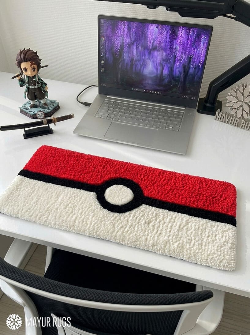 Poké Ball inspired hand-tufted keyboard rug with red white and black gaming design by Mayur Rugs