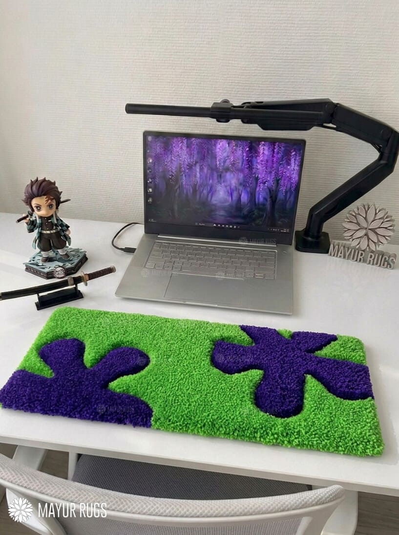 Retro splatter-inspired green and purple hand-tufted keyboard rug with Y2K abstract aesthetic by Mayur Rugs