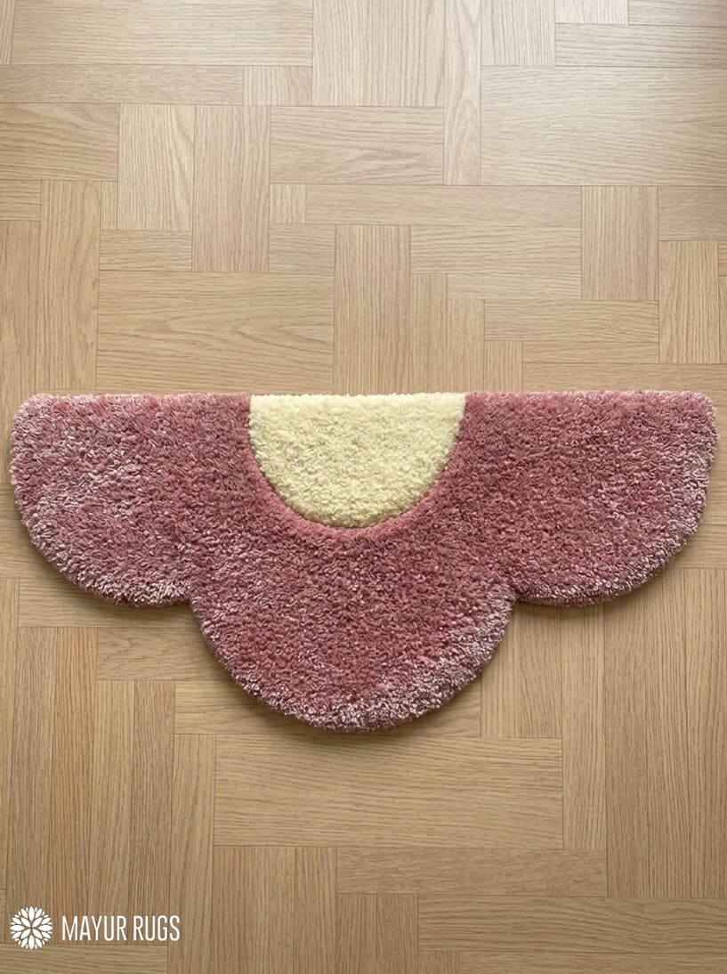 Blush pink cloud-shaped hand tufted keyboard rug with minimalist aesthetic design by Mayur Rugs