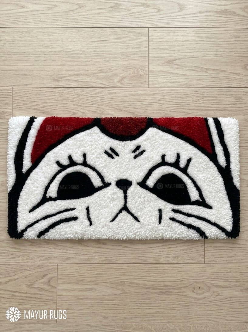 Sleepy cartoon cat face hand tufted keyboard rug with kawaii aesthetic by Mayur Rugs