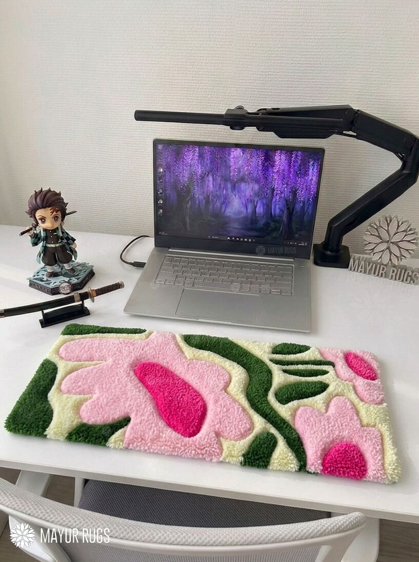 Pink floral botanical hand-tufted keyboard rug with green foliage design by Mayur Rugs