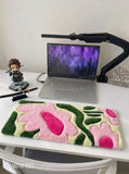 Pink floral botanical hand-tufted keyboard rug with green foliage design by Mayur Rugs