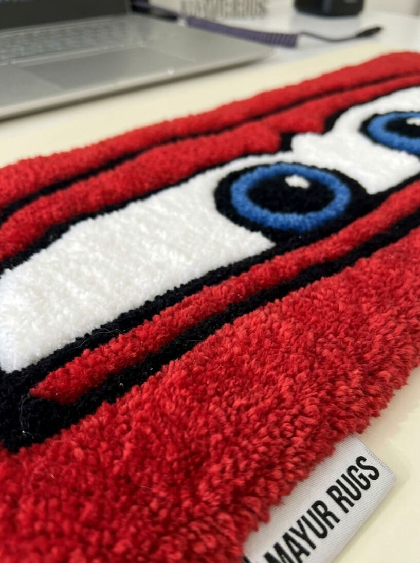 Lightning McQueen Inspired hand-tufted keyboard rug with cartoon racing gaming desk setup aesthetic by Mayur Rugs