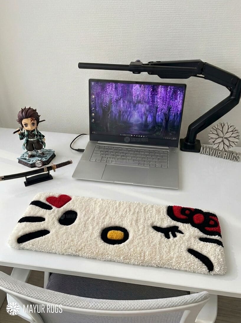 Hello Kitty Inspired hand-tufted keyboard rug with kawaii pastel gaming desk setup aesthetic by Mayur Rugs