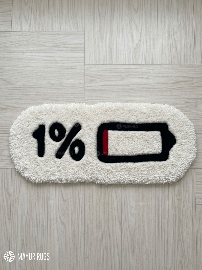 1% Battery hand-tufted wool rug with minimalist internet culture aesthetic design by Mayur Rugs
