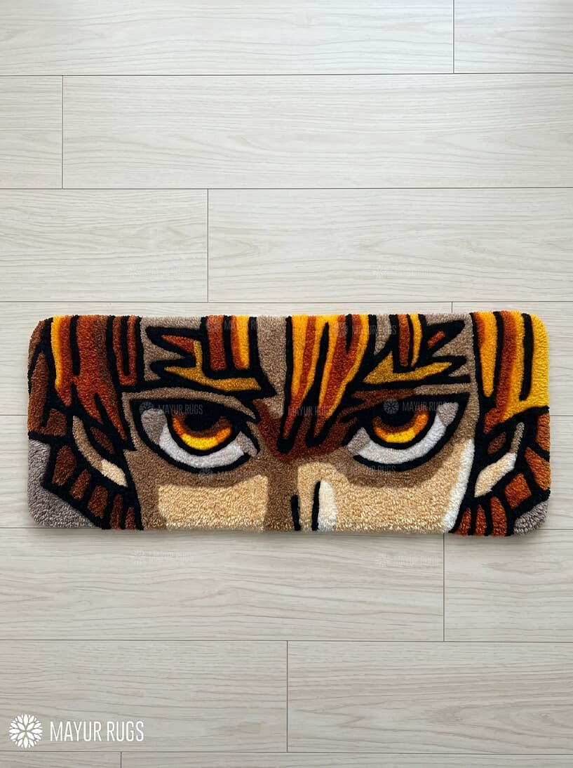Zenitsu eyes hand-tufted wool keyboard rug featuring Demon Slayer anime artwork by Mayur Rugs