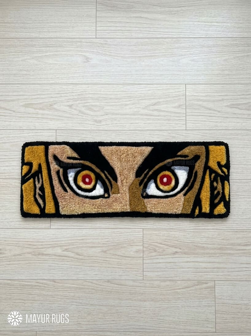 Rengoku eyes hand-tufted wool keyboard rug featuring Demon Slayer anime artwork by Mayur Rugs