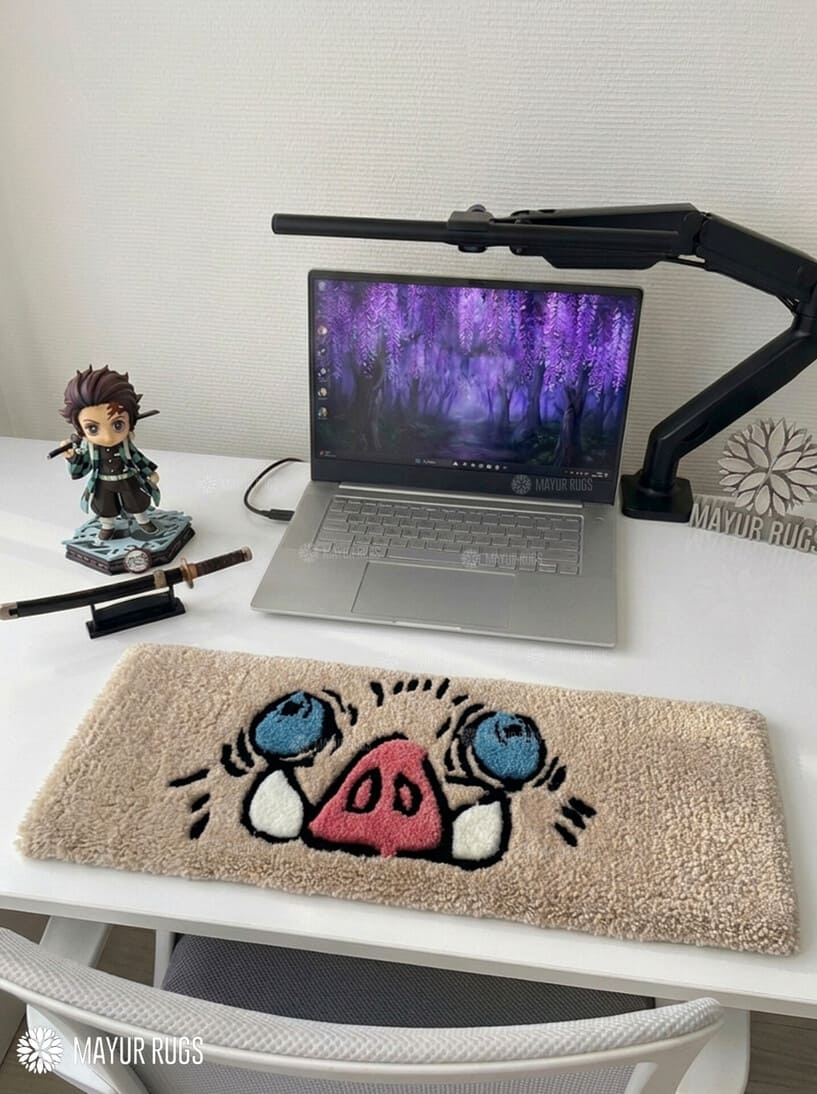 Inosuke-inspired boar mask hand-tufted keyboard rug with anime aesthetic design by Mayur Rugs