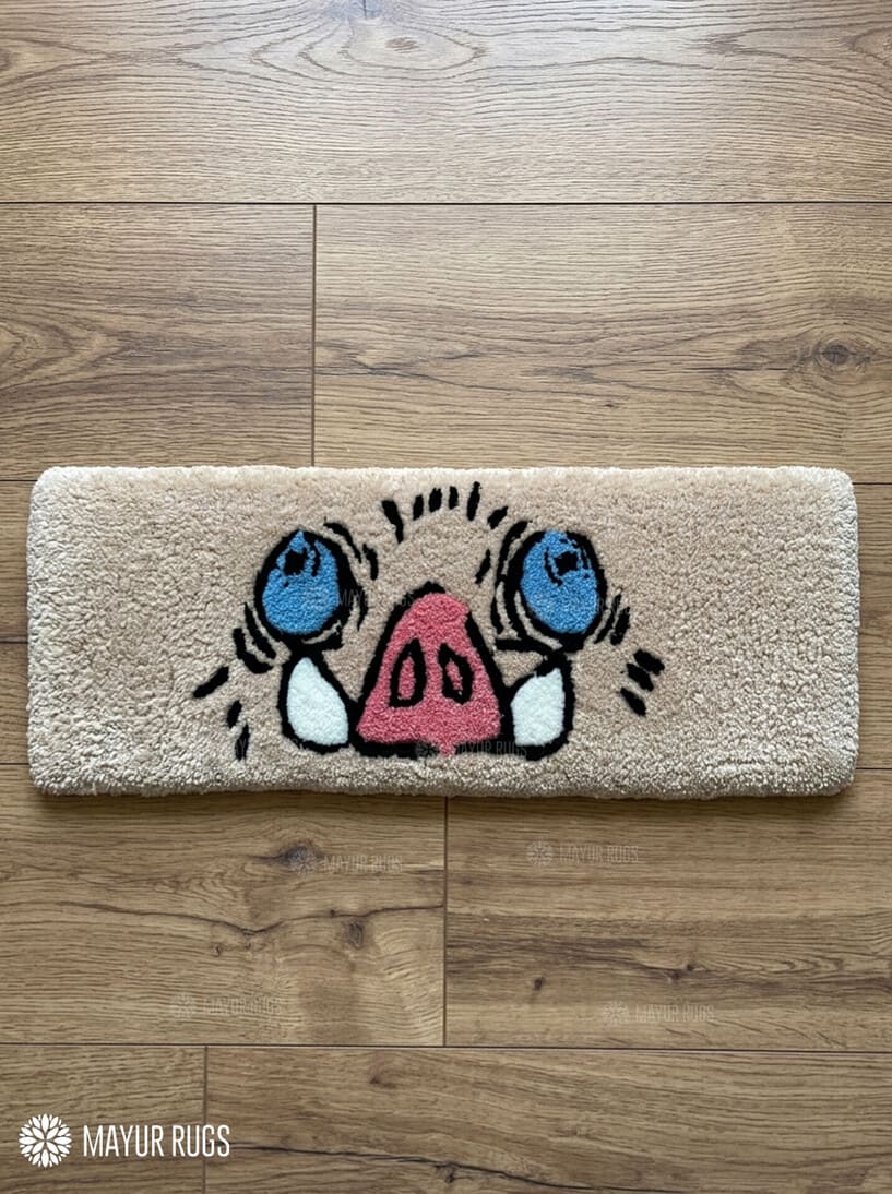Inosuke-inspired boar mask hand-tufted keyboard rug with anime aesthetic design by Mayur Rugs