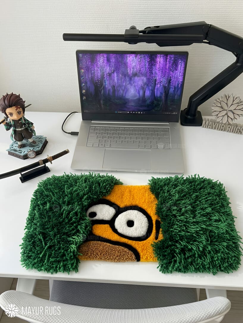 Homer Simpson bush meme inspired hand-tufted keyboard rug with fluffy green shag aesthetic by Mayur Rugs