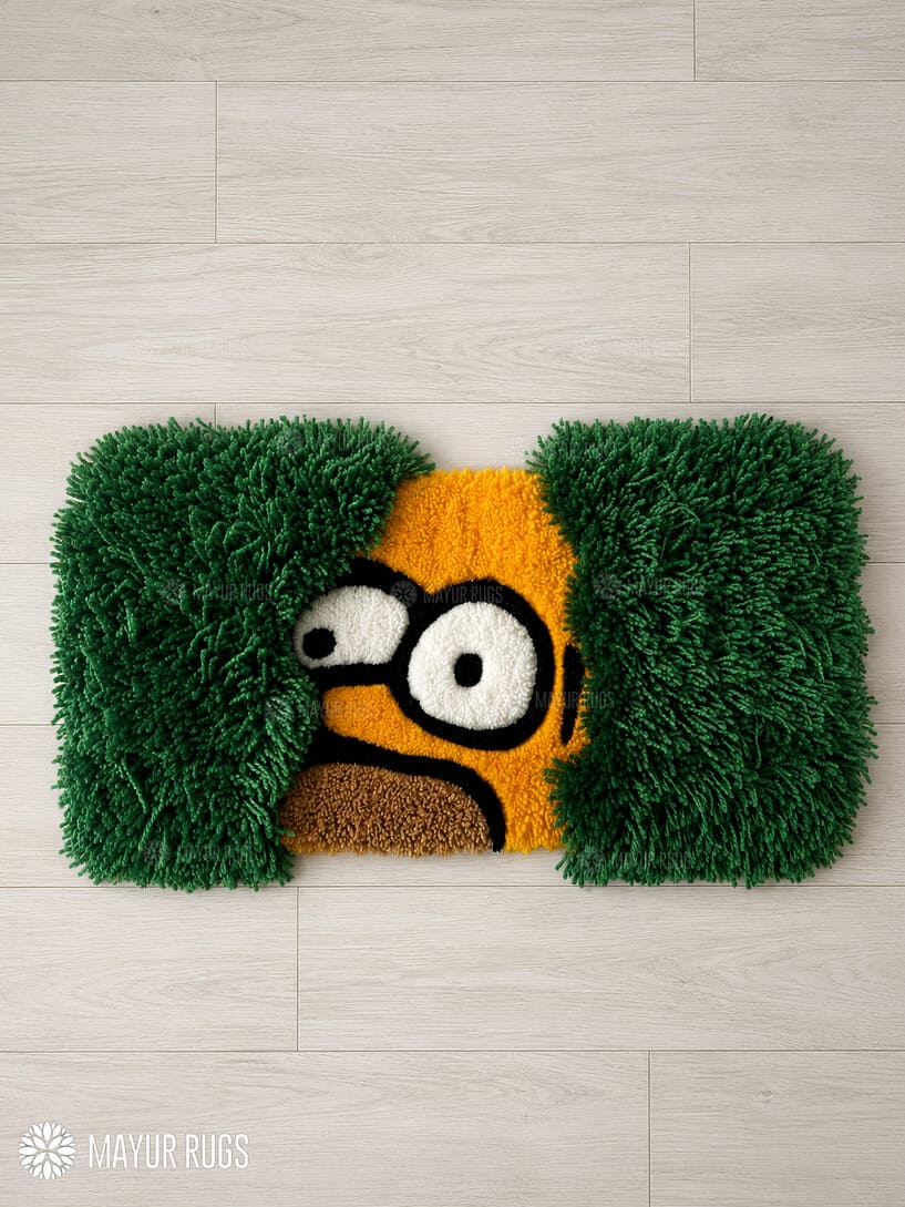 Homer Simpson bush meme inspired hand-tufted keyboard rug with fluffy green shag aesthetic by Mayur Rugs