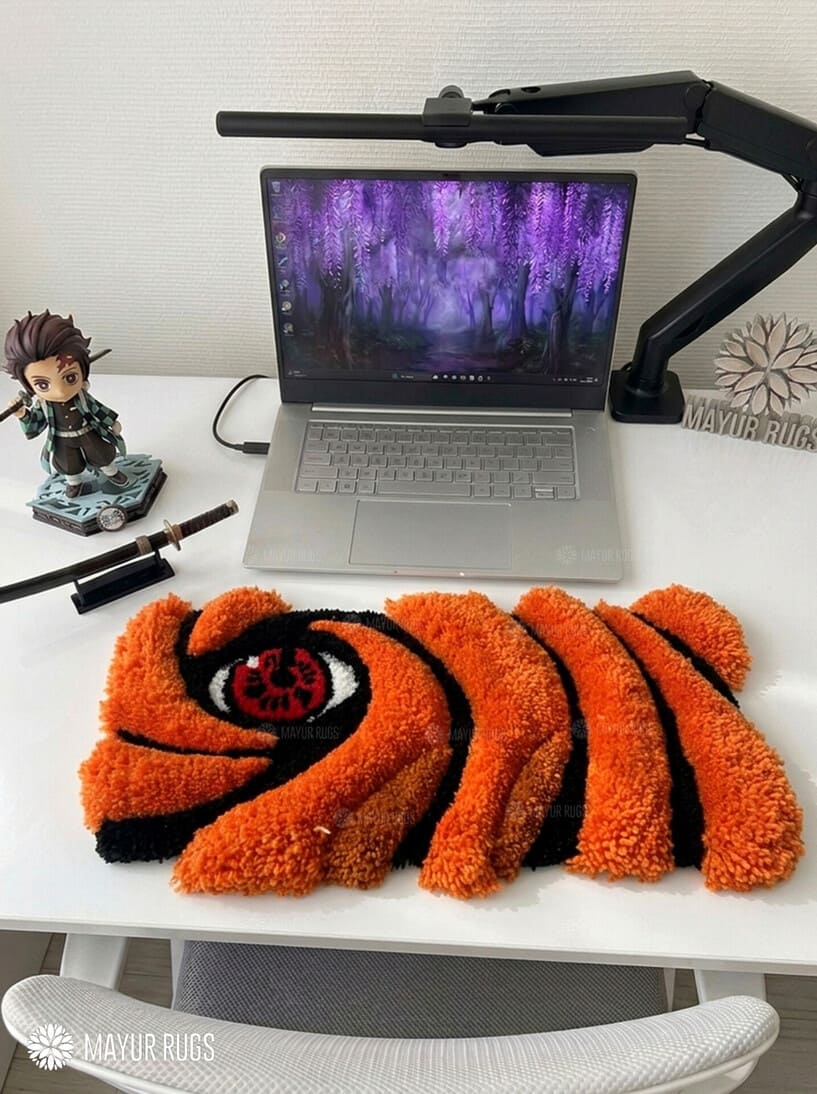 Obito Uchiha inspired Sharingan hand-tufted keyboard rug with Naruto anime aesthetic by Mayur Rugs