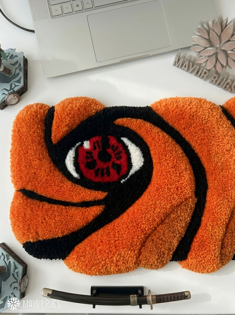 Obito Uchiha inspired Sharingan hand-tufted keyboard rug with Naruto anime aesthetic by Mayur Rugs