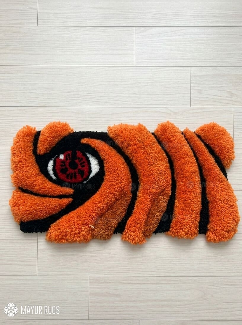 Obito Uchiha inspired Sharingan hand-tufted keyboard rug with Naruto anime aesthetic by Mayur Rugs