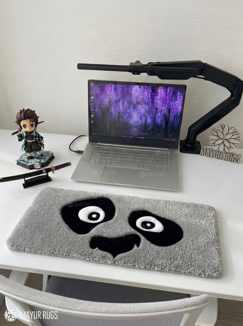 Dragon warrior panda inspired hand-tufted keyboard rug with cartoon aesthetic by Mayur Rugs