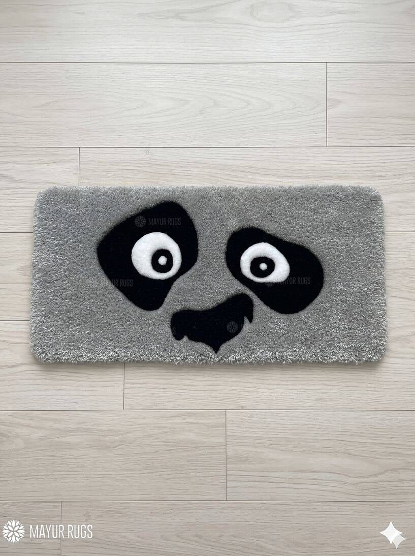 Dragon warrior panda inspired hand-tufted keyboard rug with cartoon aesthetic by Mayur Rugs