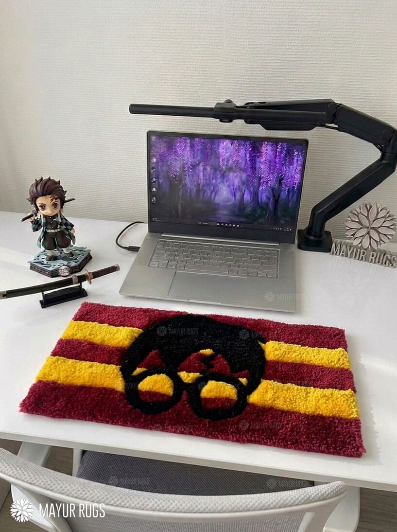 Harry Potter Inspired hand-tufted keyboard rug with wizard fantasy gaming desk setup aesthetic by Mayur Rugs