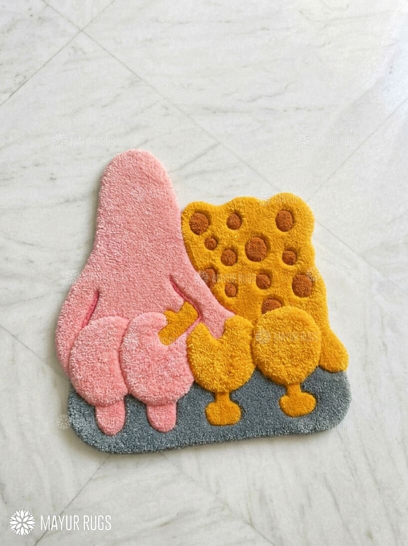 3D fluffy SpongeBob and Patrick-inspired hand-tufted wool rug with playful underwater cartoon aesthetic by Mayur Rugs