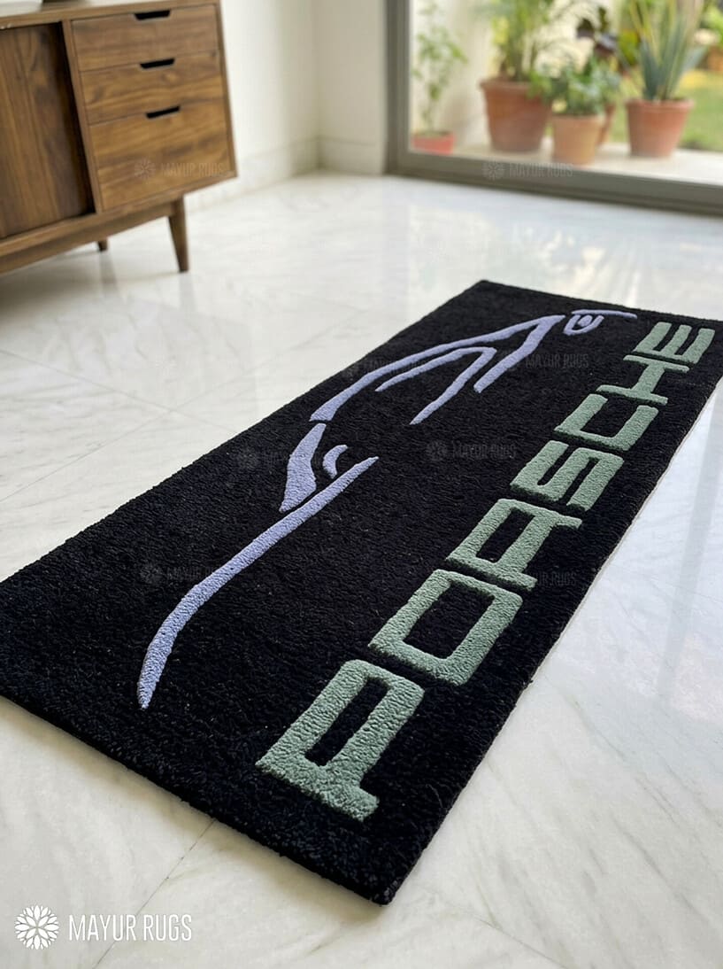Porsche sports car silhouette hand-tufted wool rug with luxury automotive aesthetic by Mayur Rugs