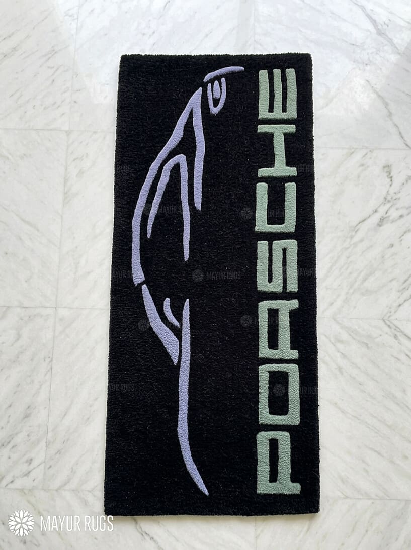 Porsche sports car silhouette hand-tufted wool rug with luxury automotive aesthetic by Mayur Rugs