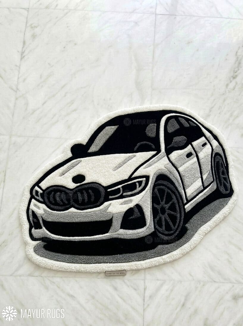 Luxury sports car inspired hand tufted wool rug featuring performance automotive artwork by Mayur Rugs