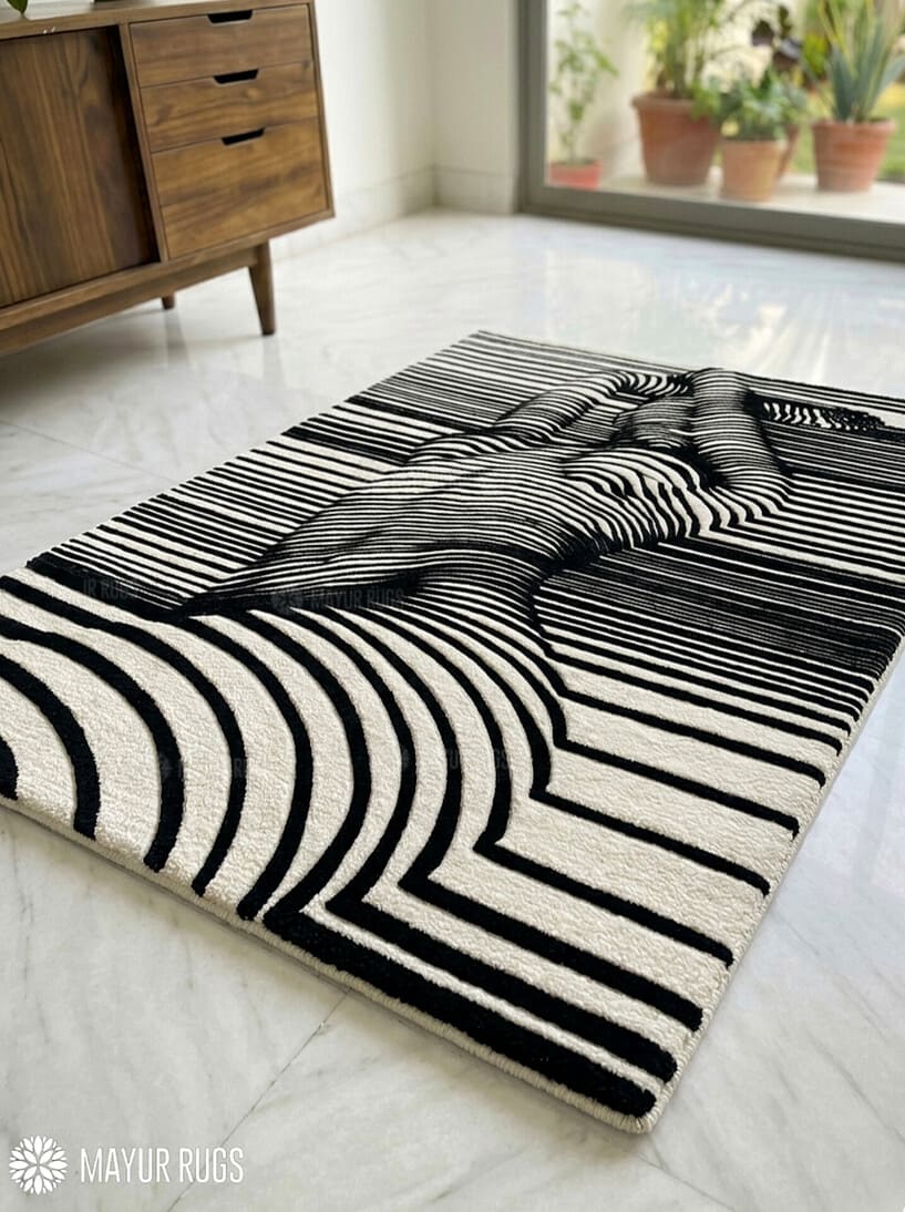Abstract human illusion hand tufted wool rug featuring black and white optical art contour line design by Mayur Rugs