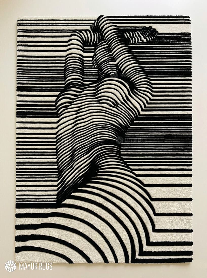 Abstract human illusion hand tufted wool rug featuring black and white optical art contour line design by Mayur Rugs