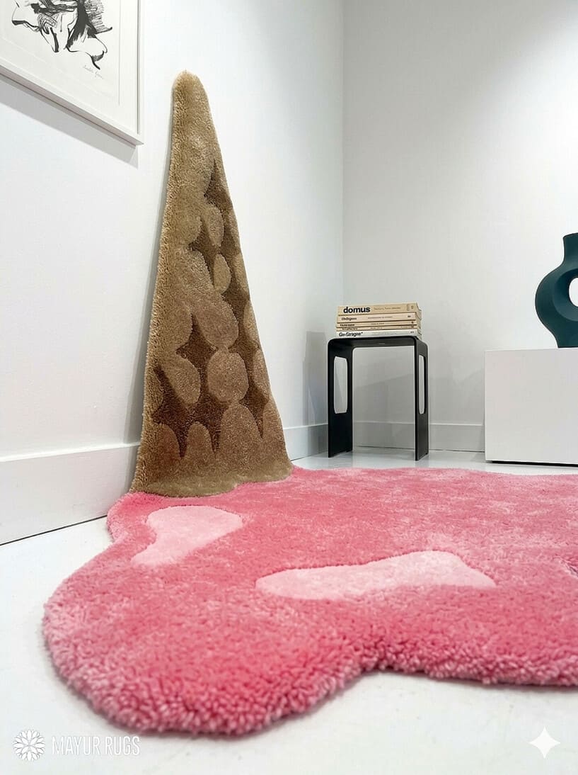 Melting ice cream cone hand-tufted wool rug with pink pop-art aesthetic design by Mayur Rugs